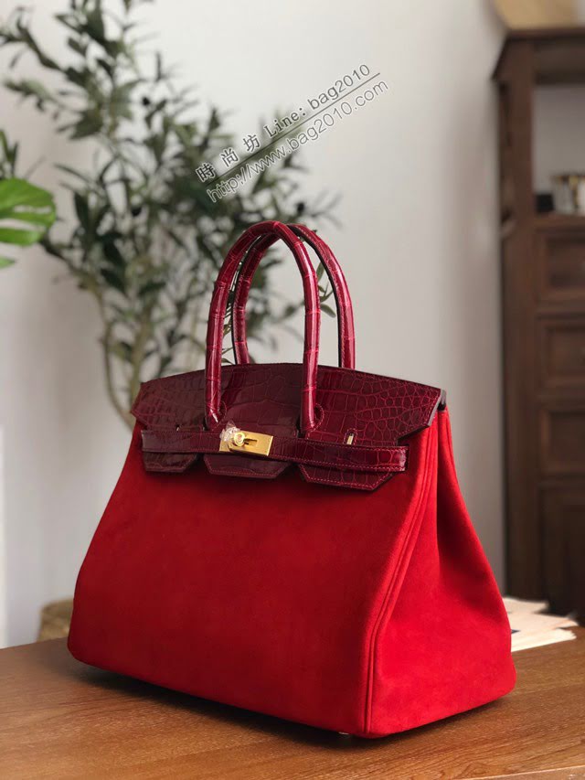 Hermes女包 愛馬仕經典款brikin包 手工蠟線縫製 鱷魚皮拼麂皮 金扣 Hermes拼色手提女包  am2052